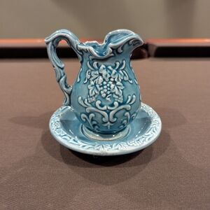 Intricate Teal Ceramic Pitcher and Saucer